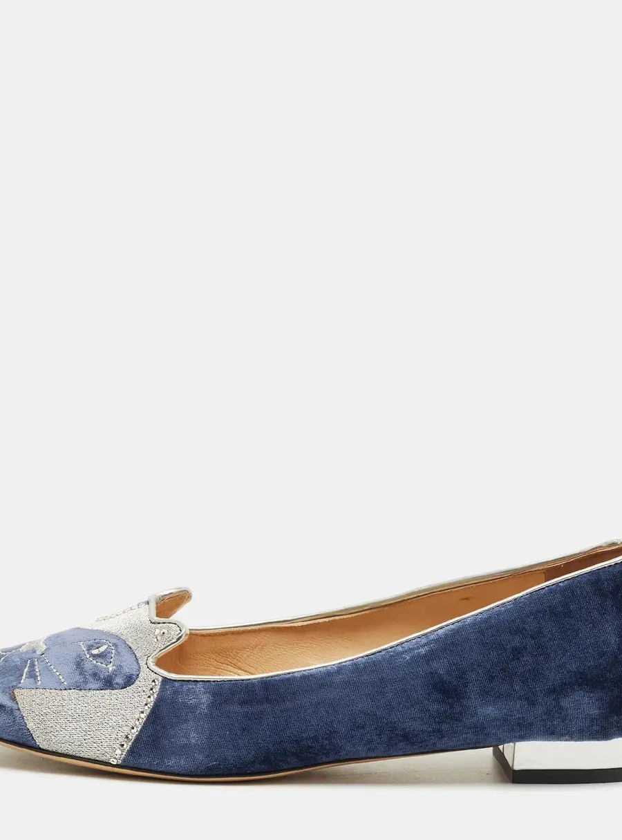 Charlotte Olympia Navy Blue/Grey Velvet Kitty Smoking Slippers Size 40