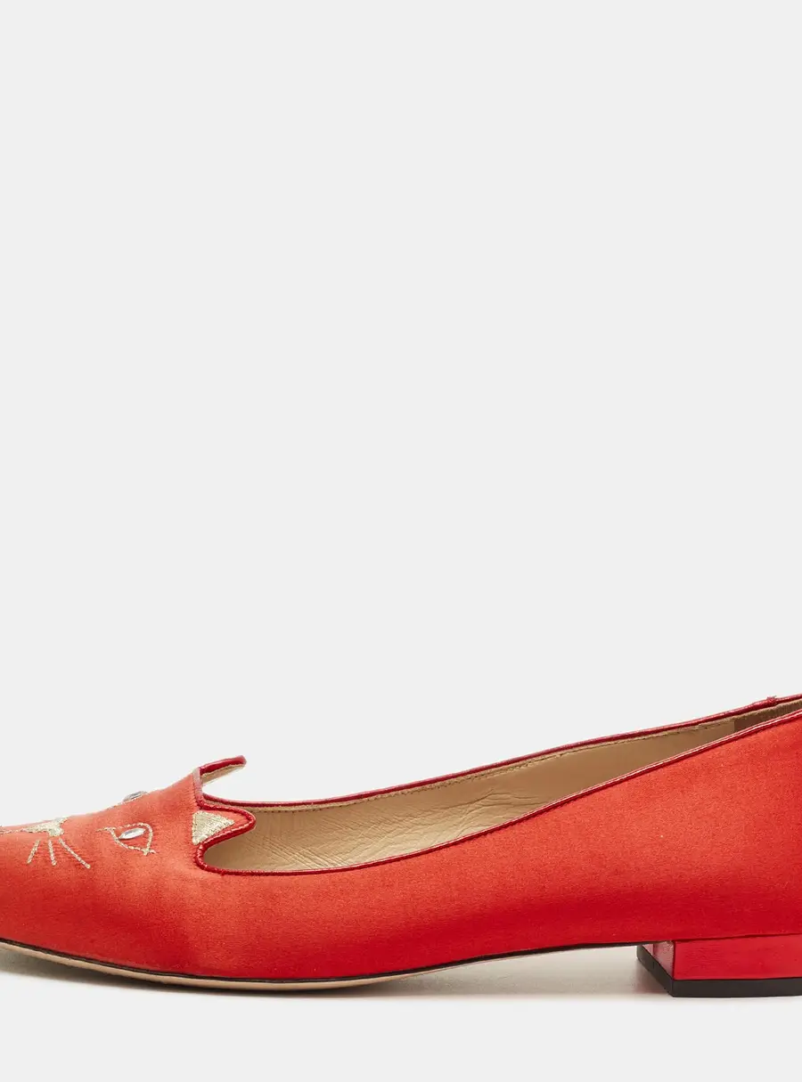 Charlotte Olympia Red Satin Cheeky Kitty Ballet Flats Size 40