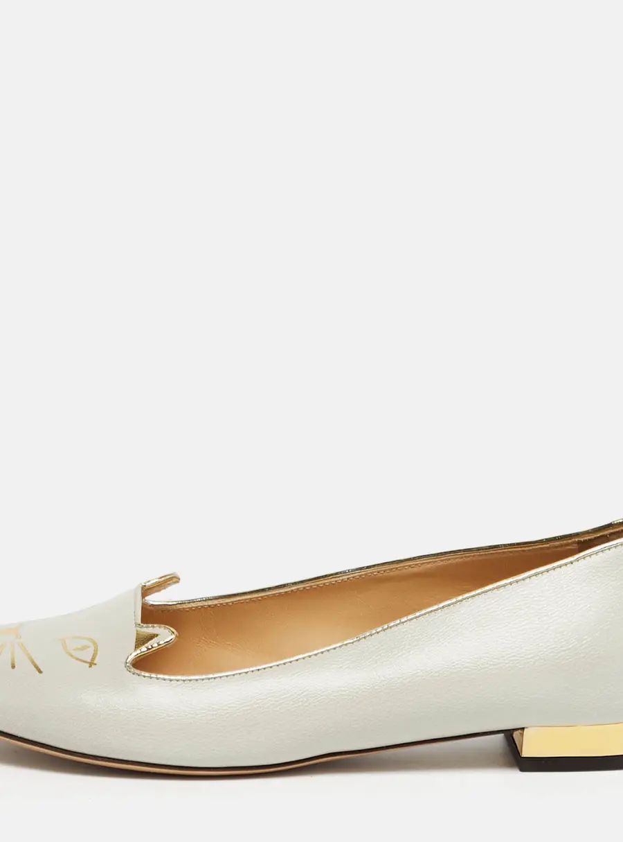 Charlotte Olympia Grey Leather Kitty Ballet Flats Size 40