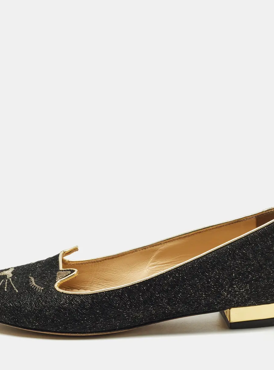 Charlotte Olympia Kitty Size 36 Black/Gold Lurex Fabric Ballet Flats