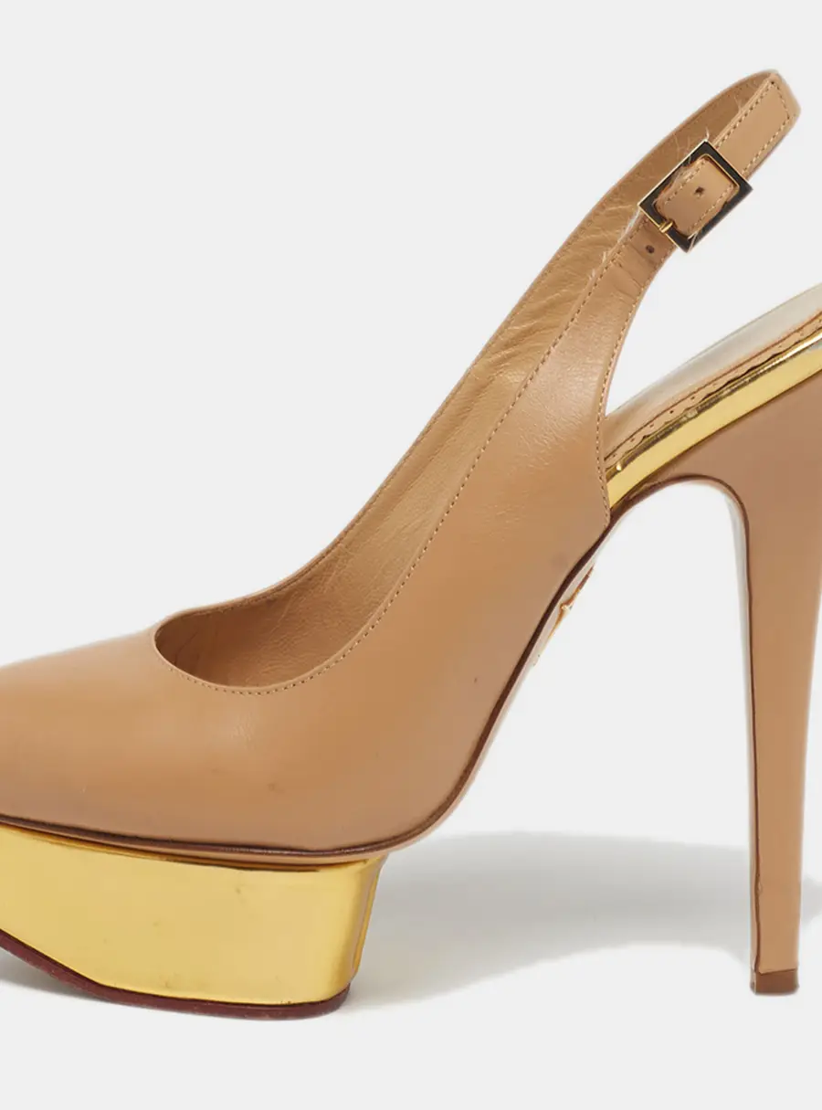 Charlotte Olympia Dolly Size 37 Beige Leather Platform Slingback Pumps
