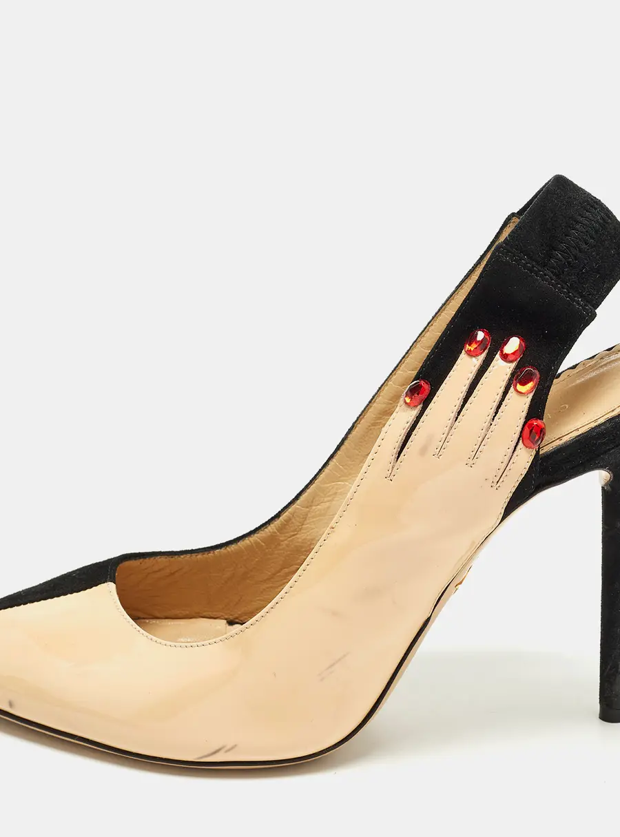 Charlotte Olympia Size 36 Beige/Black Patent Leather and Suede Slingback Pumps