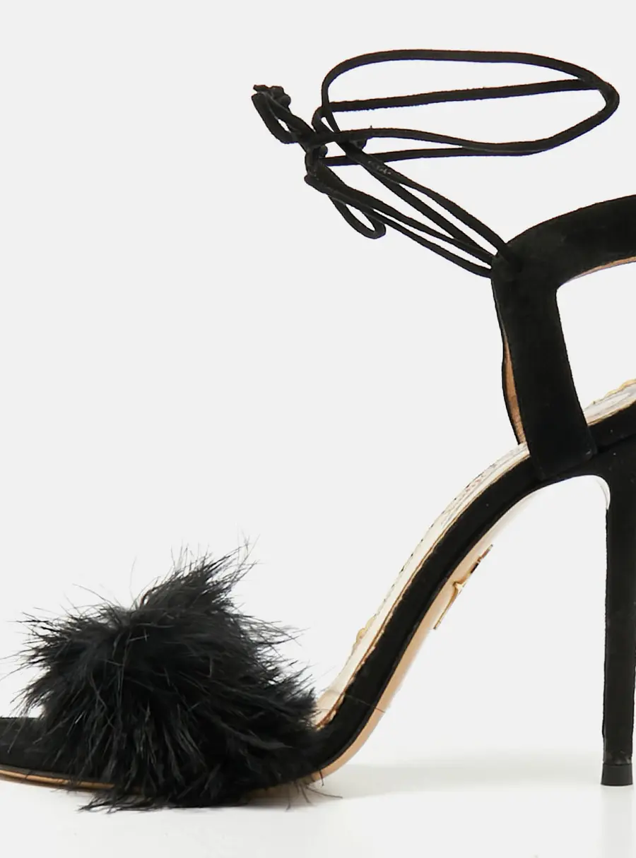 Charlotte Olympia Salsa Size 37.5 Black Feather and Suede Ankle Strap Sandals