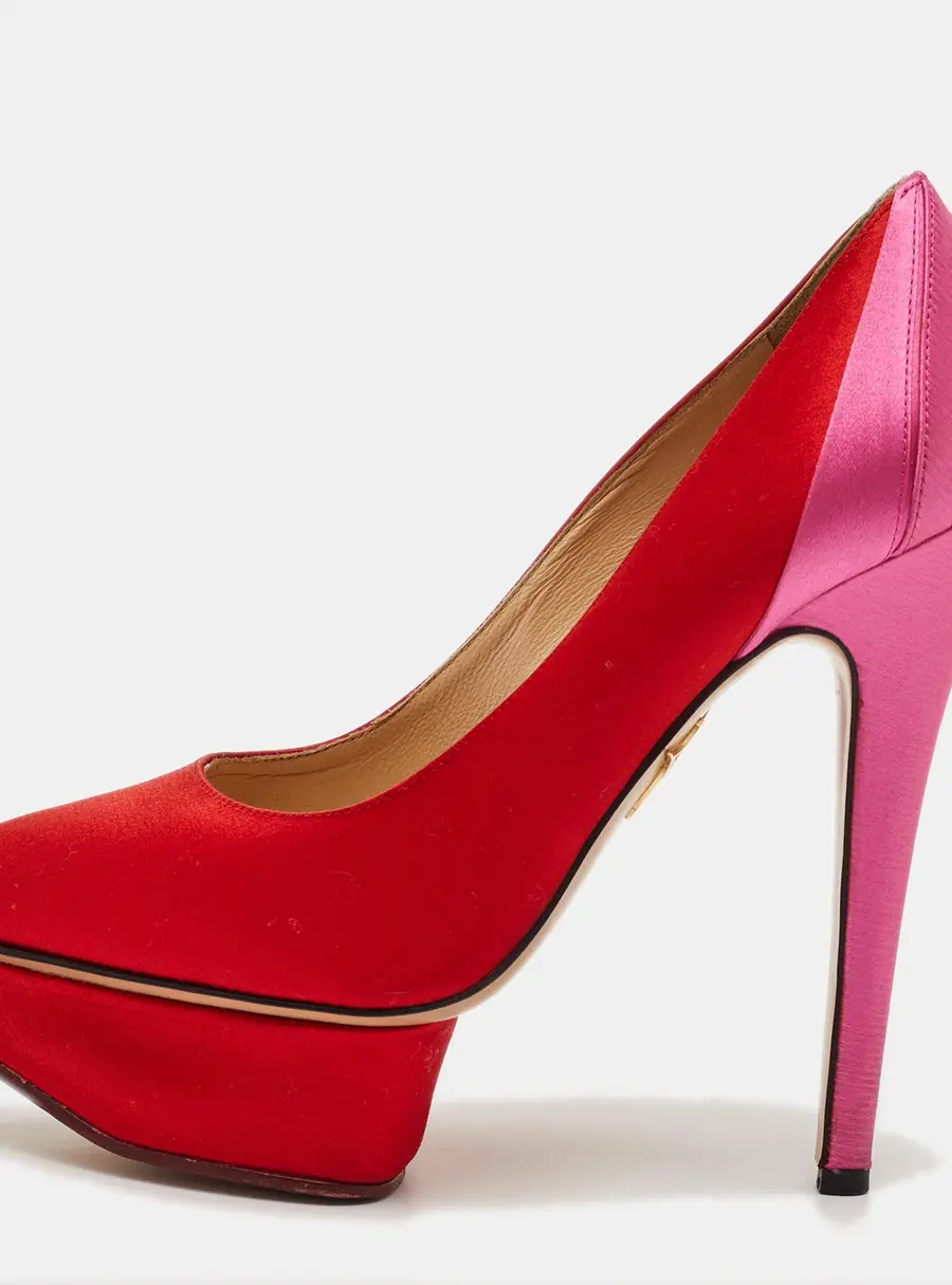 Charlotte Olympia Red/Pink Satin Paloma Fan Pleat Platform Pumps