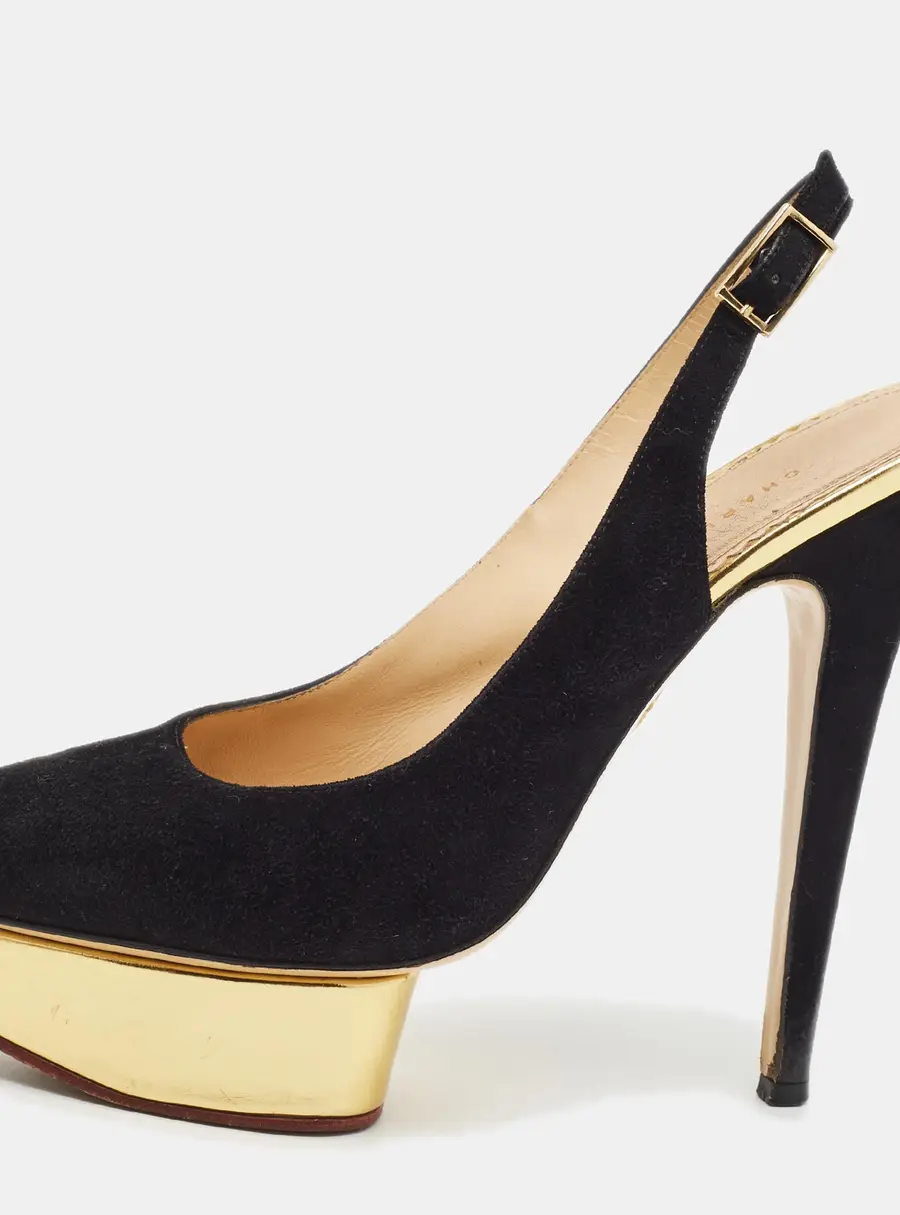 Charlotte Olympia Dolly Size 39 Black Suede Platform Slingback Pumps