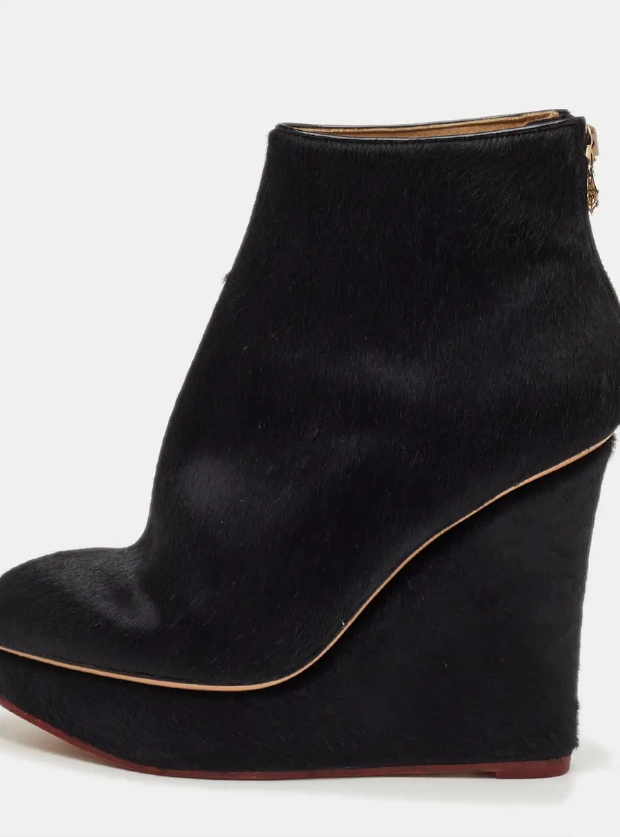Charlotte Olympia Size 37 Black Calf Hair Platform Wedge Ankle Length Boots