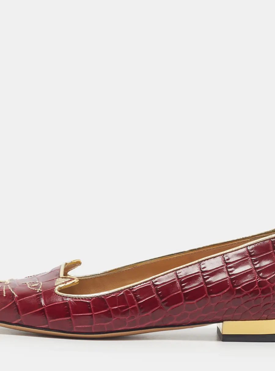 Charlotte Olympia Kitty Size 35 Burgundy Croc Embossed Leather Smoking Slippers