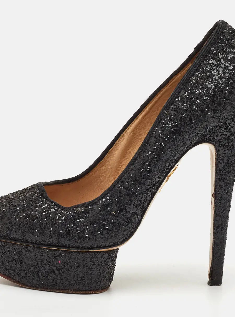 Charlotte Olympia Dolly Size 37.5 Black Glitter Platform Pumps
