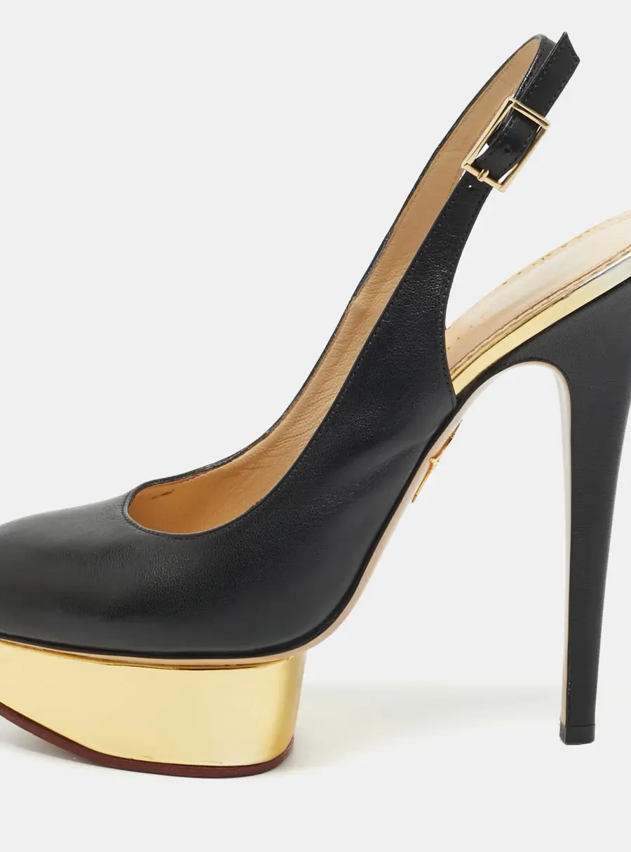 Charlotte Olympia Dolly Size 39 Black/Gold Leather Platform Pumps