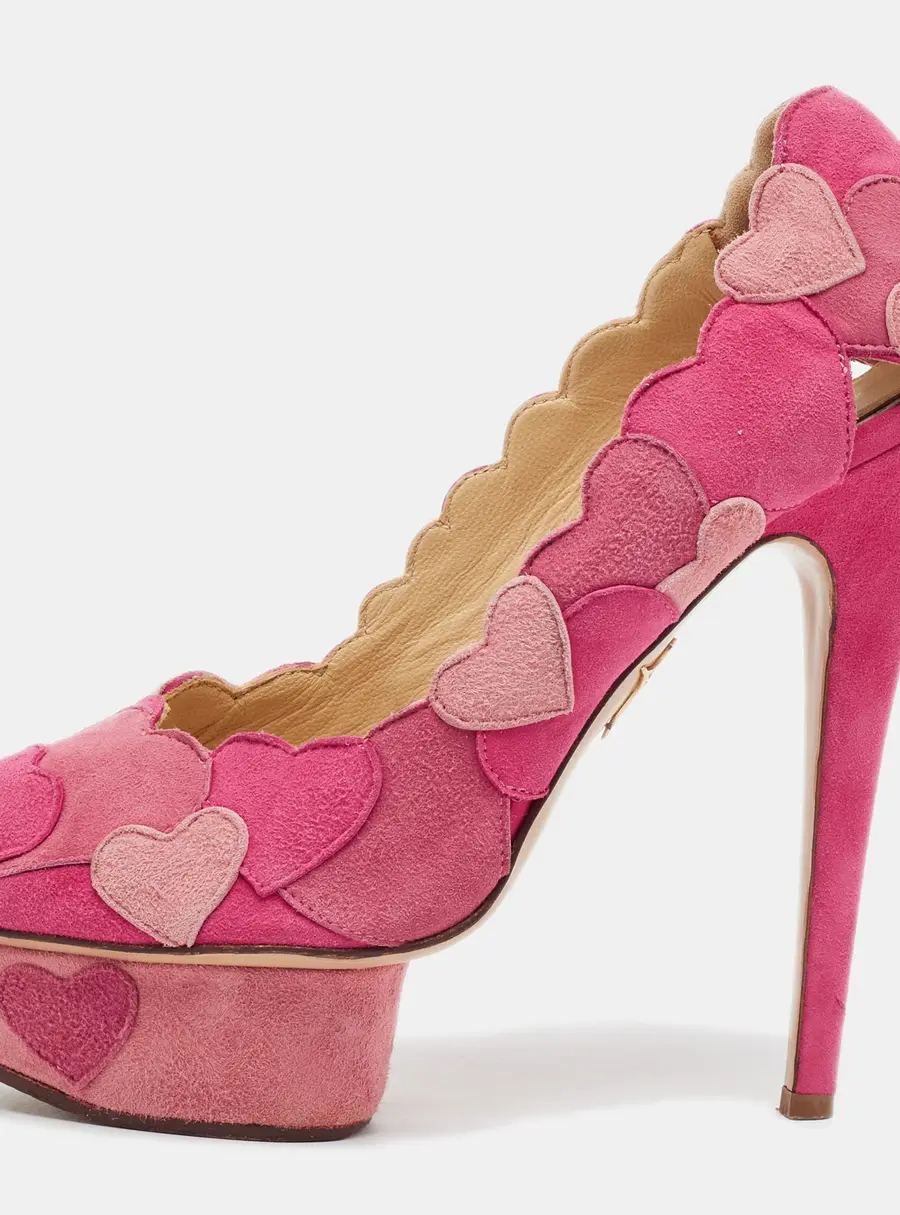 Charlotte Olympia Dolly Size 38 Pink/Red Suede Peep Toe Pumps