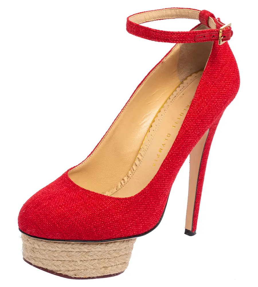 Charlotte Olympia Red Canvas Dolores Ankle Strap Platform Pumps Size 38