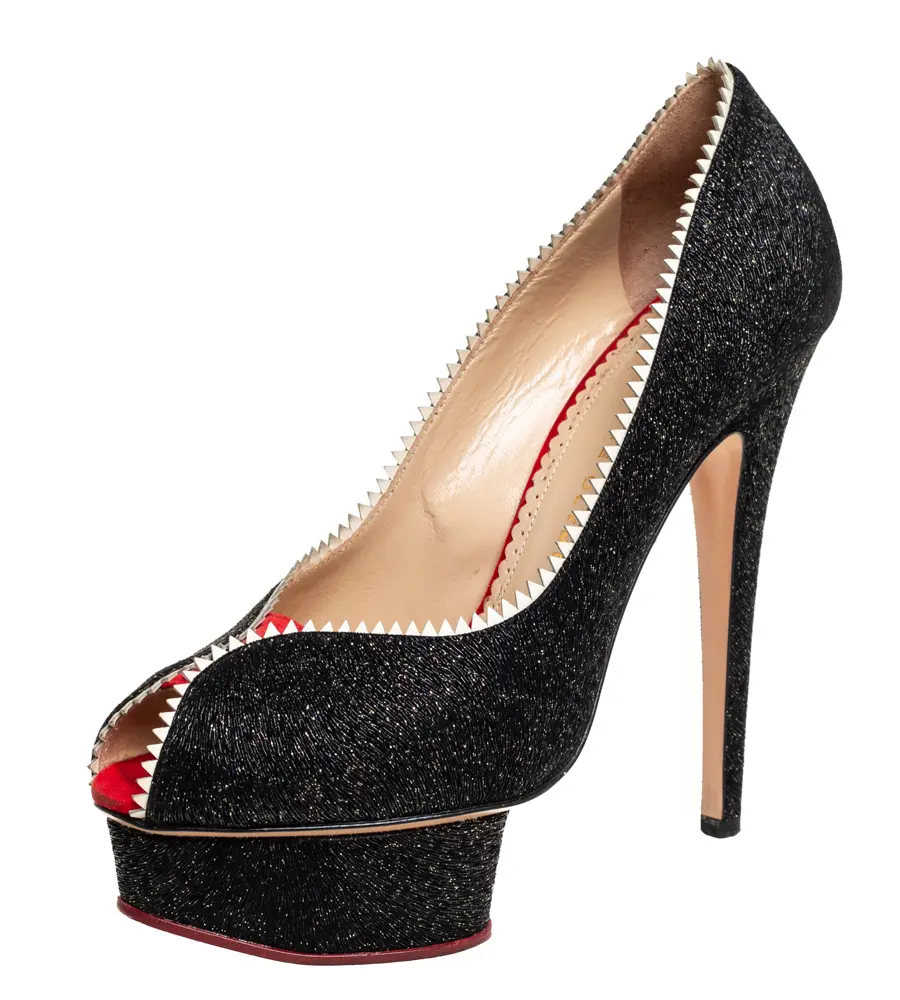 Charlotte Olympia Black Glitter And Patent Leather Scalloped Trim Peep Toe Platform Pumps Size 37.5