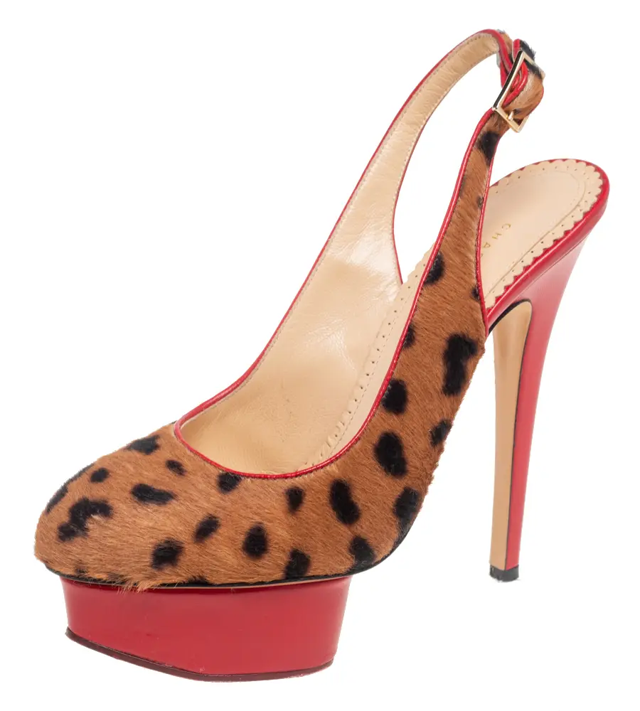 Charlotte Olympia Red/Brown Leopard Calfhair and Leather Dolly Slingback Pumps Size 37.5