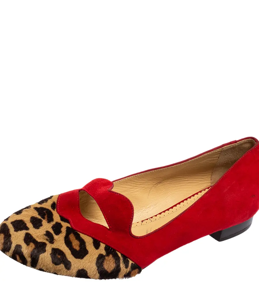 Charlotte Olympia Red/Brown Leopard Print Calfhair and Suede Bisoux Lip Ballet Flats Size 41