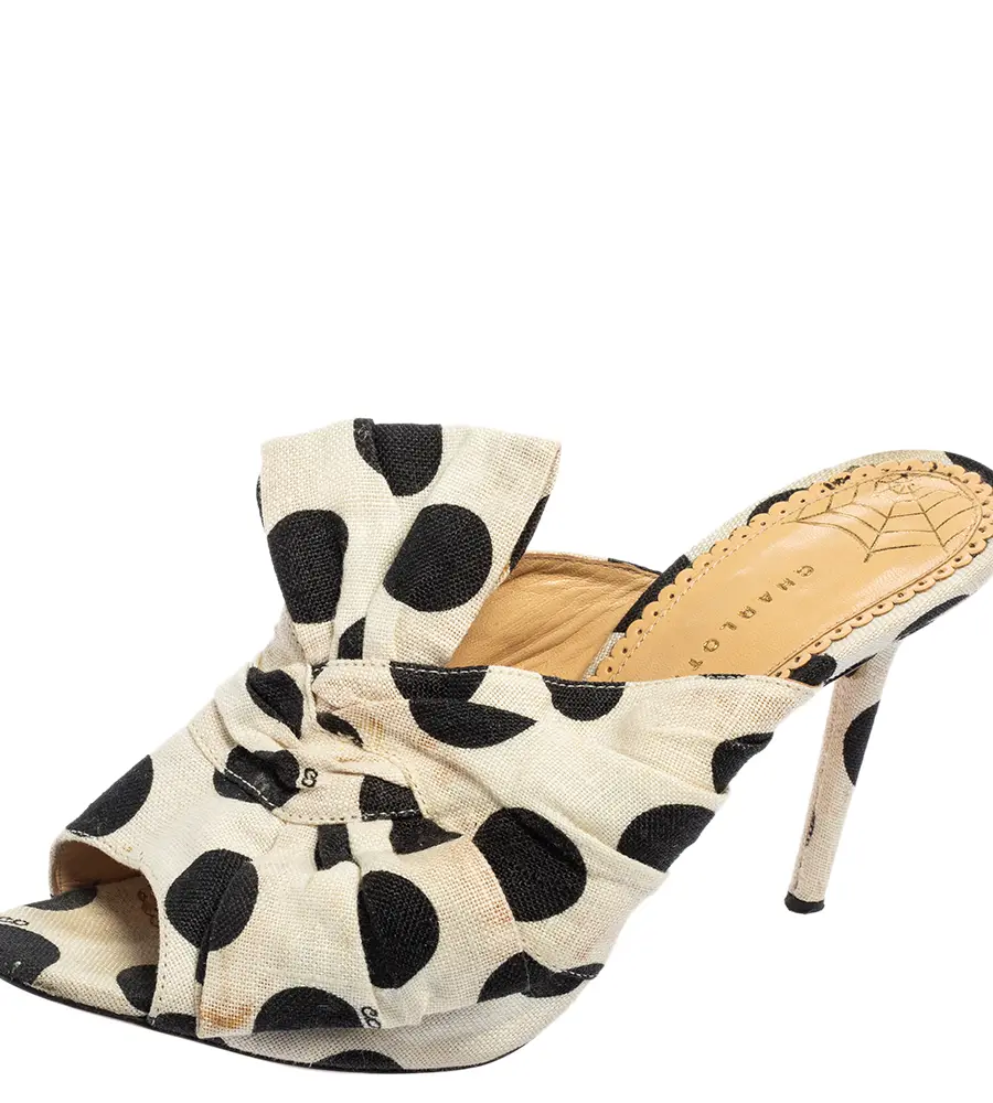 Charlotte Olympia White/Black Polka Canvas Bow Side Sandals Size 38