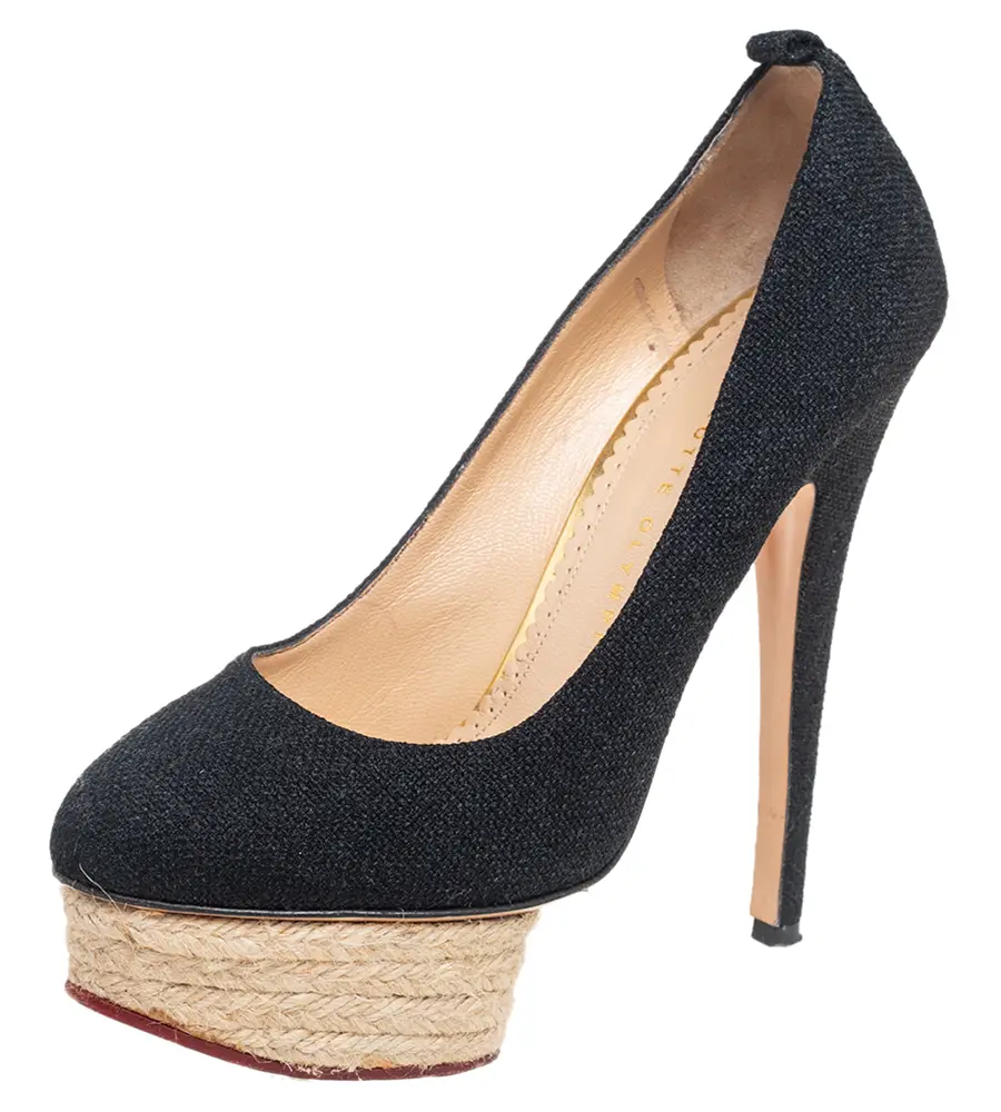 Charlotte Olympia Black Canvas Dolores Espadrille Platform Ankle-Strap Pumps Size 37