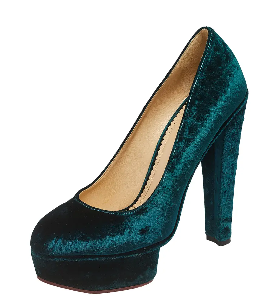 Charlotte Olympia Green Textured Velvet Dolly Platform Pumps Size 39