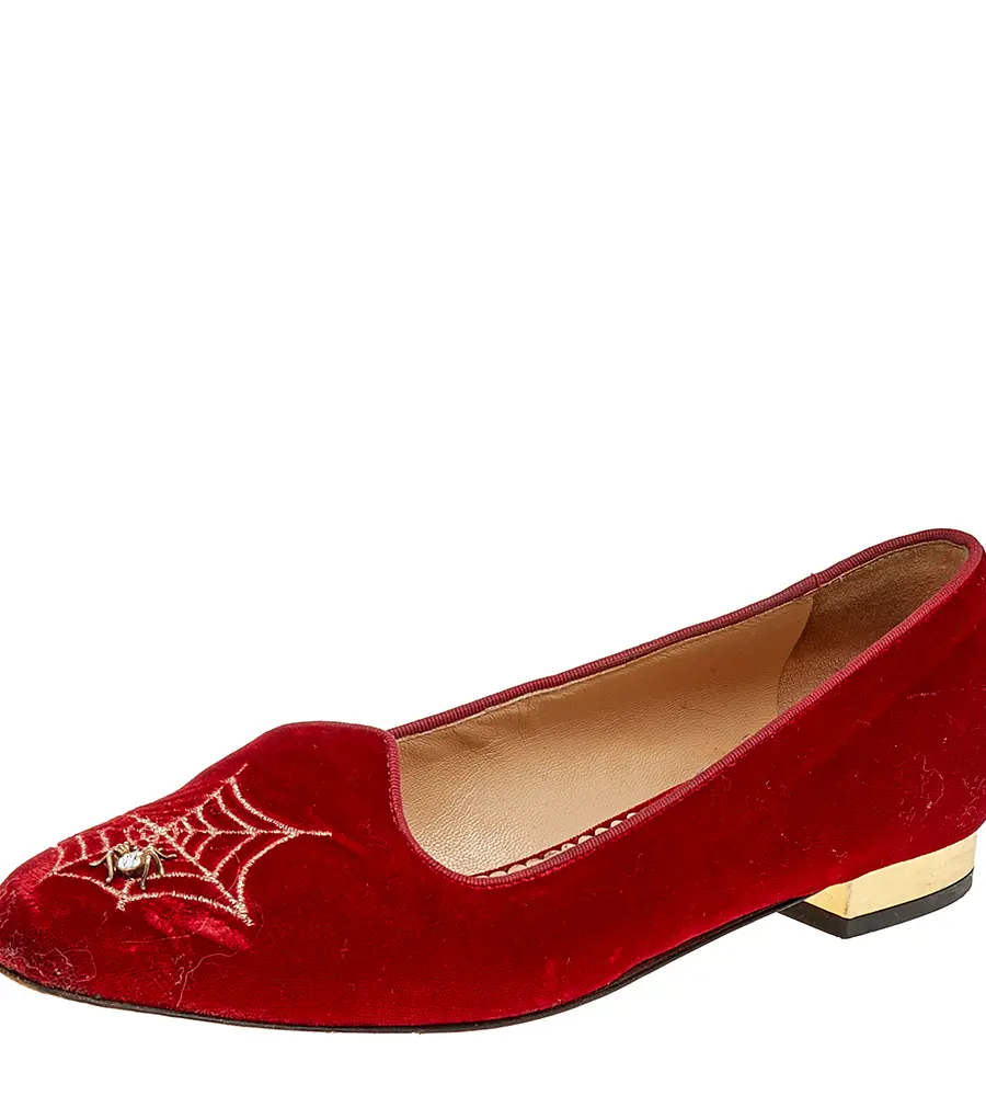 Charlotte Olympia Red Velvet Embroidered Ballet Flats Size 37