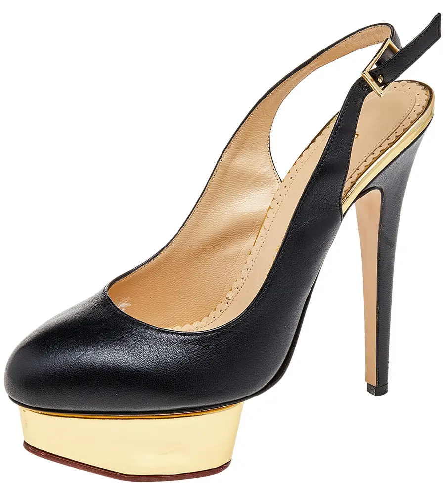 Charlotte Olympia Black Leather Dolly Platform Slingback Pumps Size 38.5