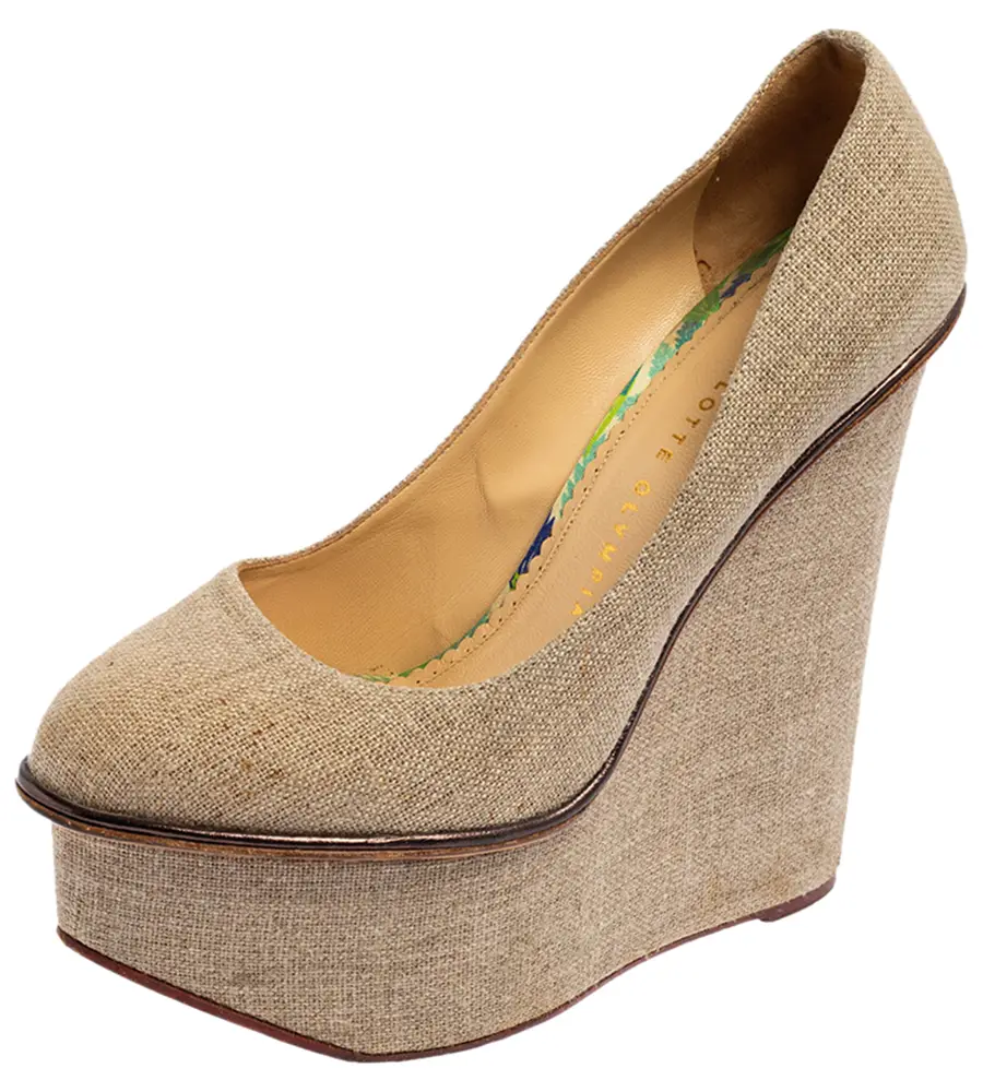 Charlotte Olympia Dark Beige Canvas Carmen Wedge Pumps Size 38