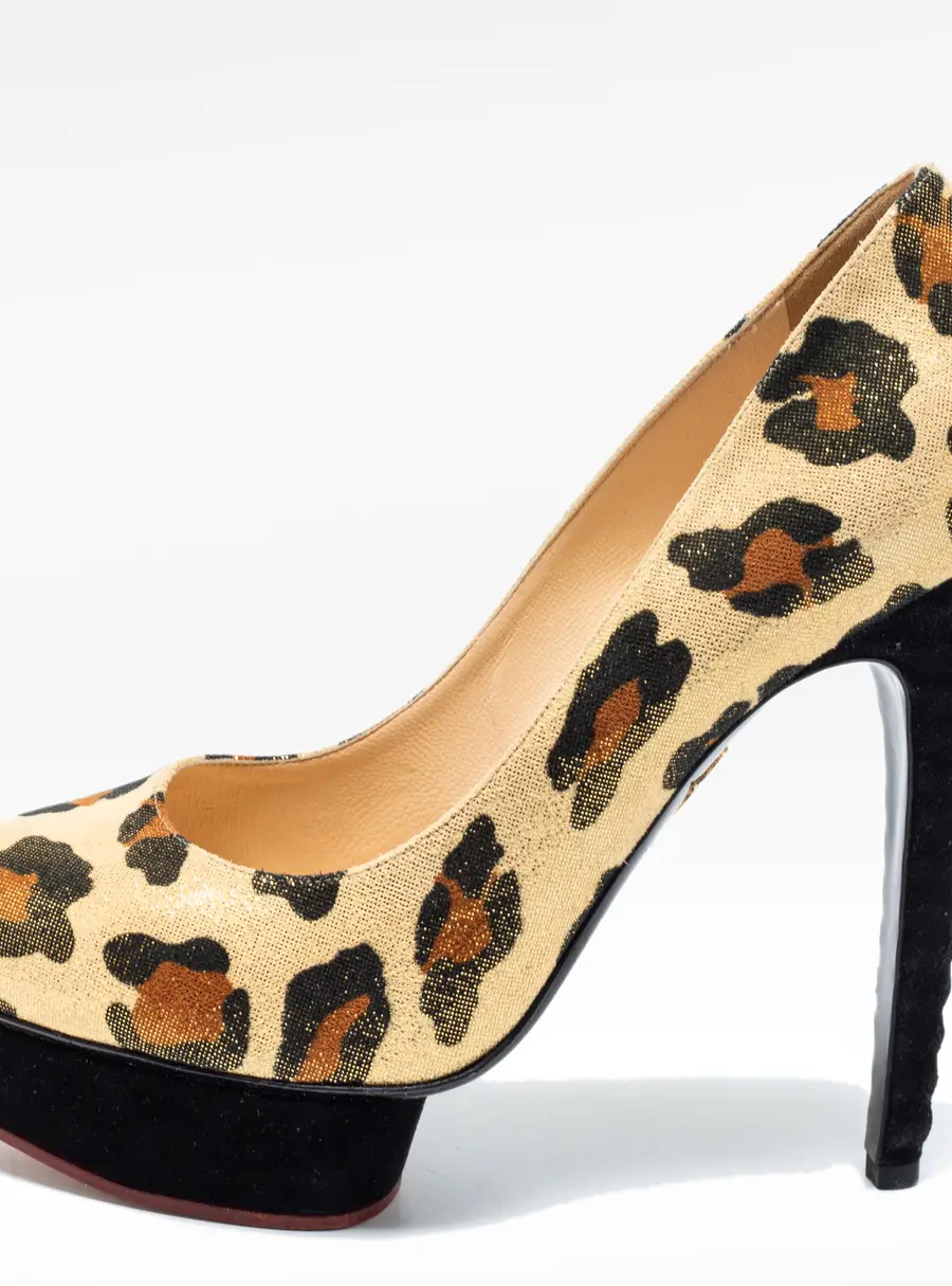 Charlotte Olympia Gold Leopard Print Glitter Suede Dolly Pumps Size 39
