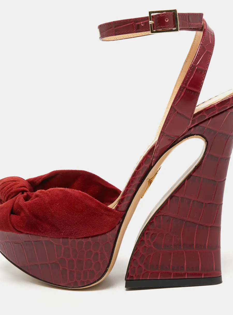 Charlotte Olympia Burgundy Croc Embossed Leather and Suede Ankle Strap Sandals Size 36