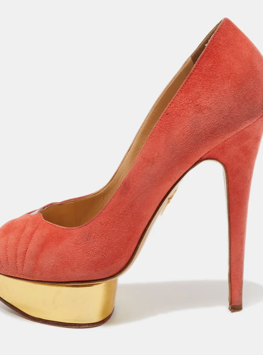 Charlotte Olympia Coral Pink Suede Peep Toe Platform Pumps Size 41