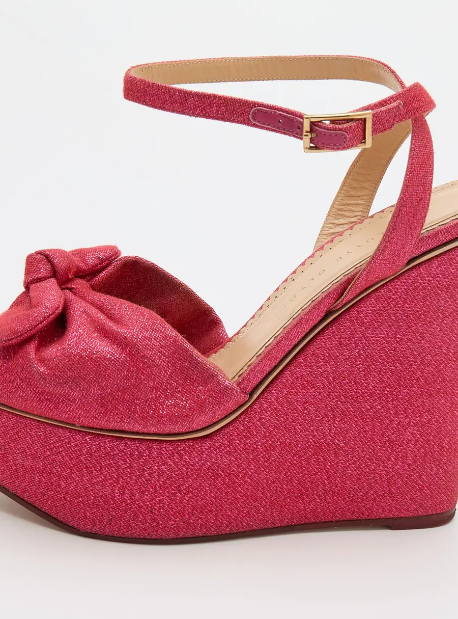 Charlotte Olympia Pink Glitter Fabric Velour Wedge Platform Sandals Size 39
