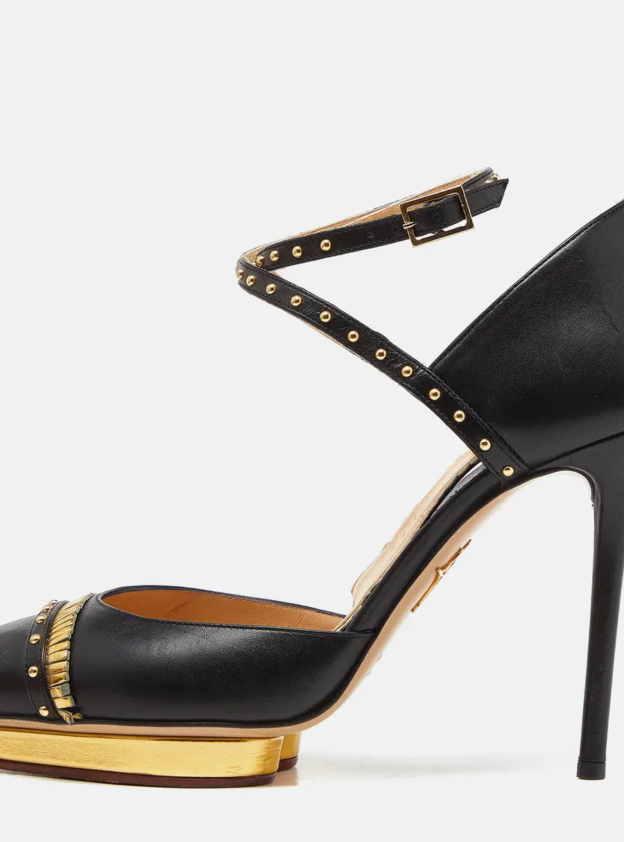 Charlotte Olympia Black Leather Studded Pointed Toe Ankle Strap Pumps Size 39