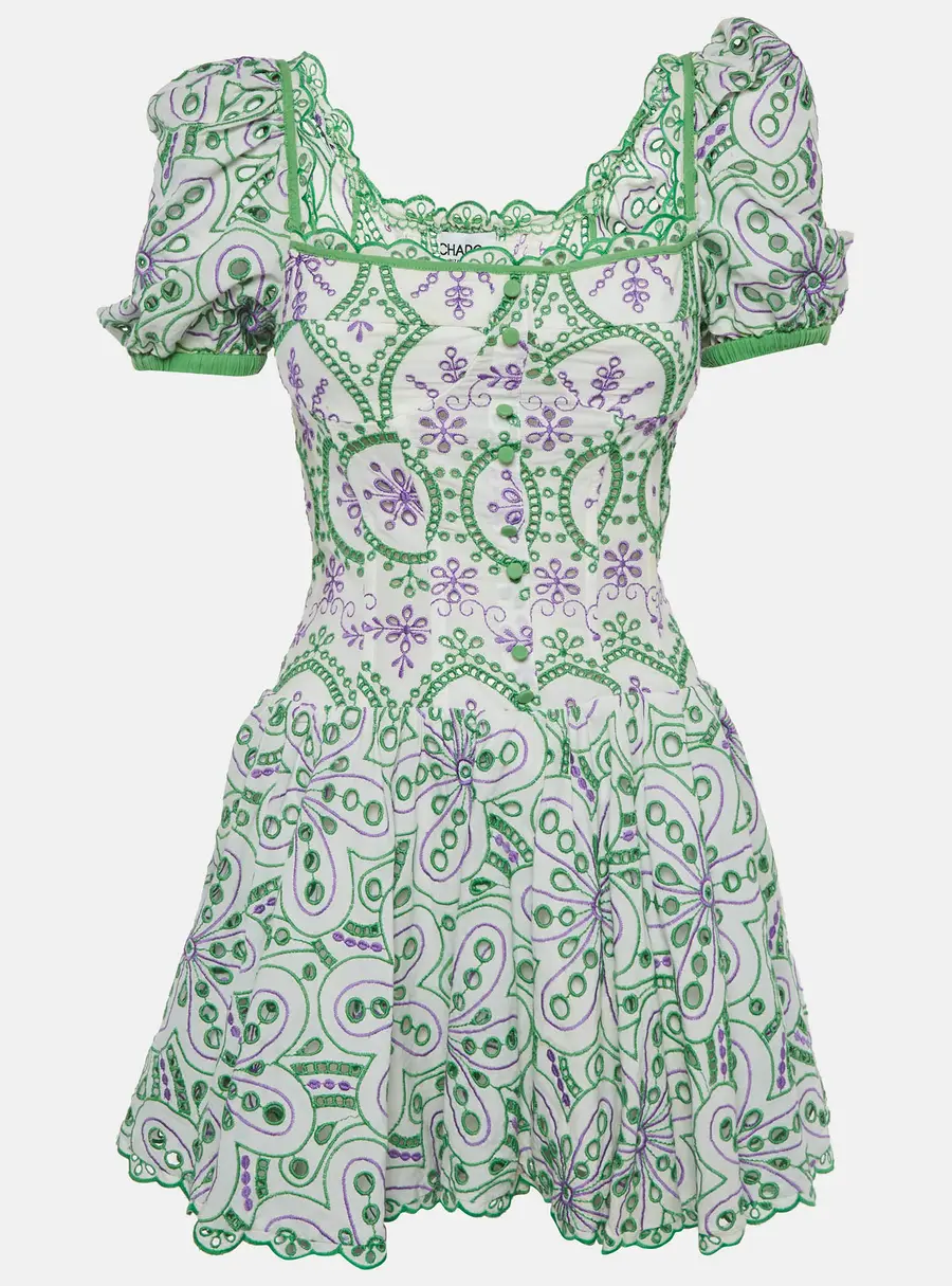 Charo Ruiz White/Green Broderie Anglaise Cotton Tiered Mini Dress
