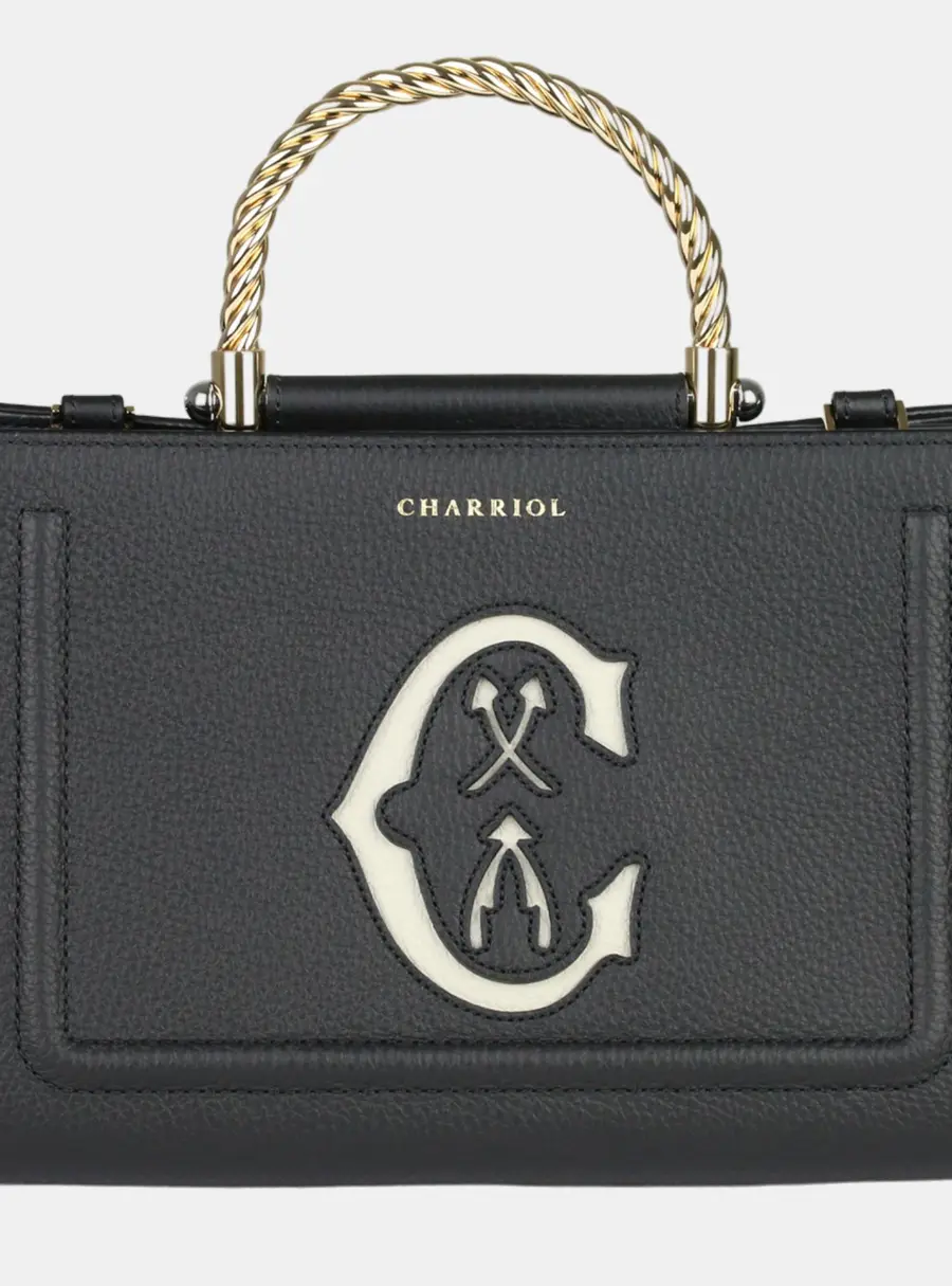 Charriol Marie Olga Black Grained Leather Gold -Tone Cable Top Handle Bag