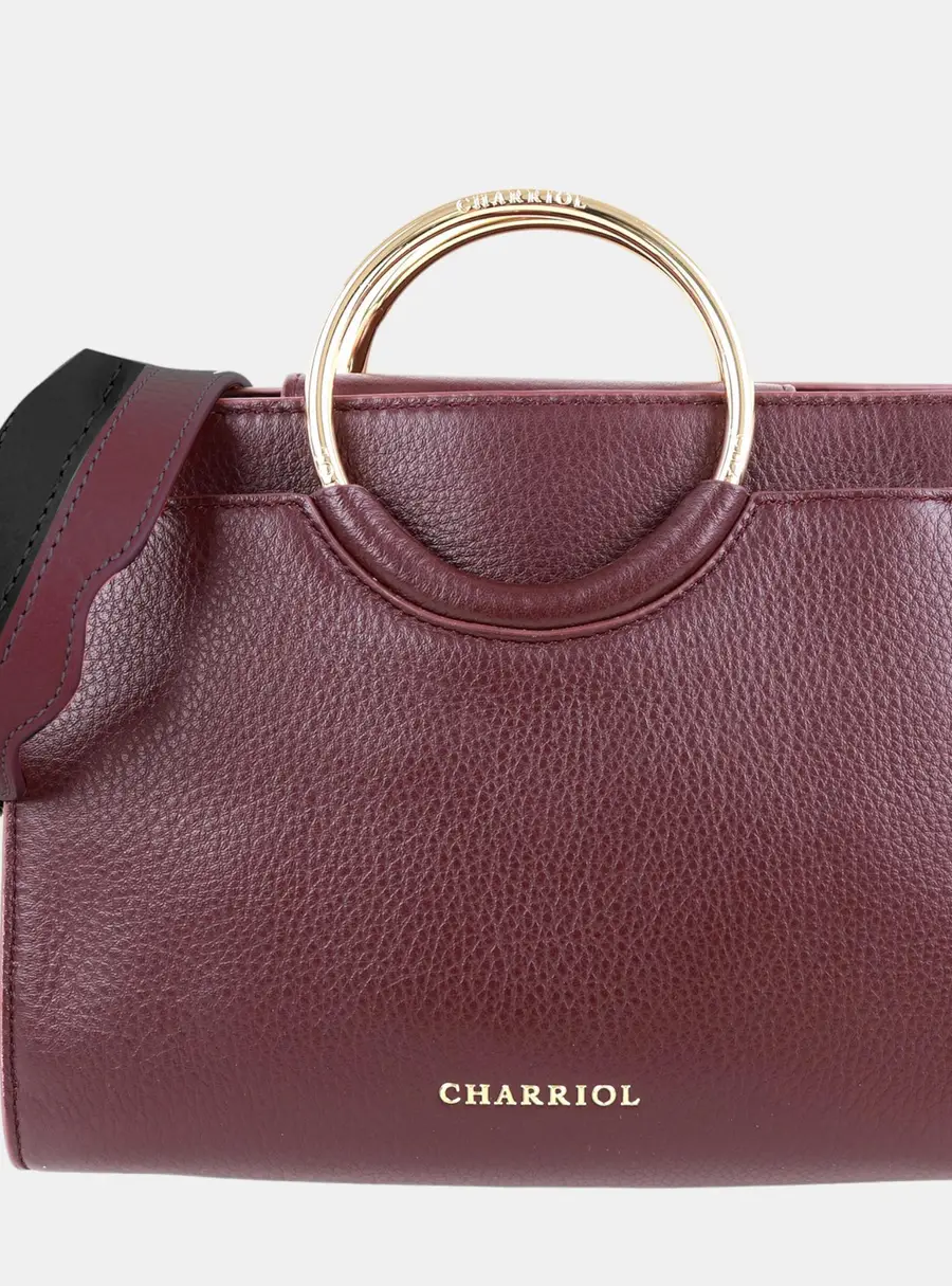 Charriol Forever Chocolate Off White Pebbled Leather Top Handle Bag