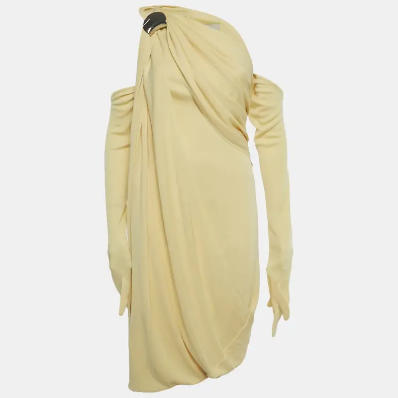 Chats By C.Dam Yellow Jersey One-Shoulder Draped Mini Dress S