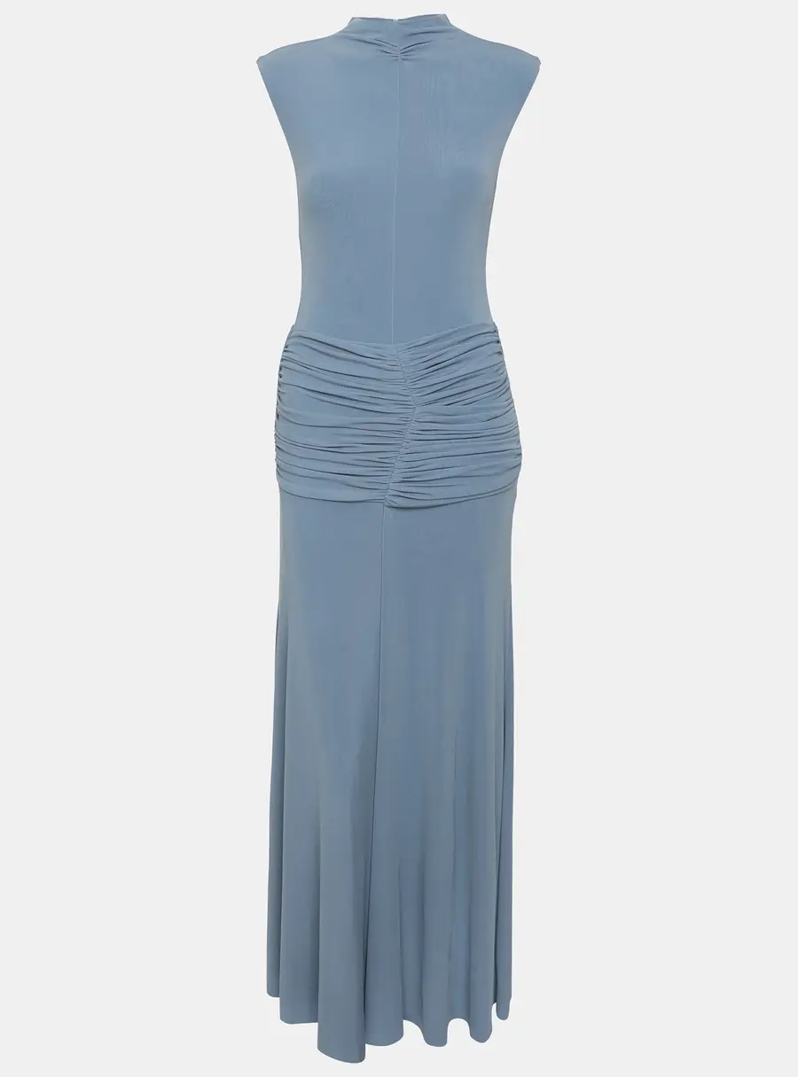 Chats By C.Dam Blue Jersey Knit Ruched Nana Maxi Dress M