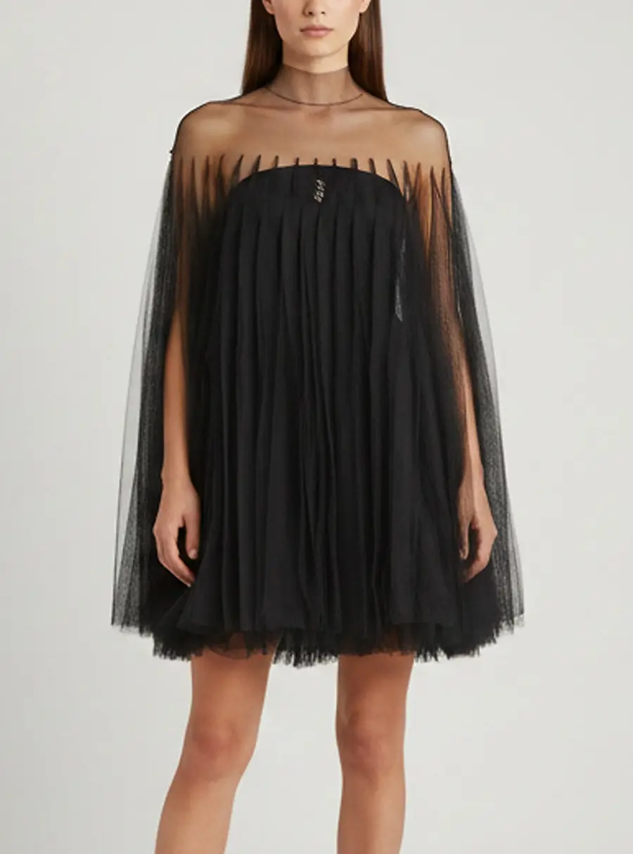 Chats by C.Dam Black Tulle Draped Ondyra Mini Dress S