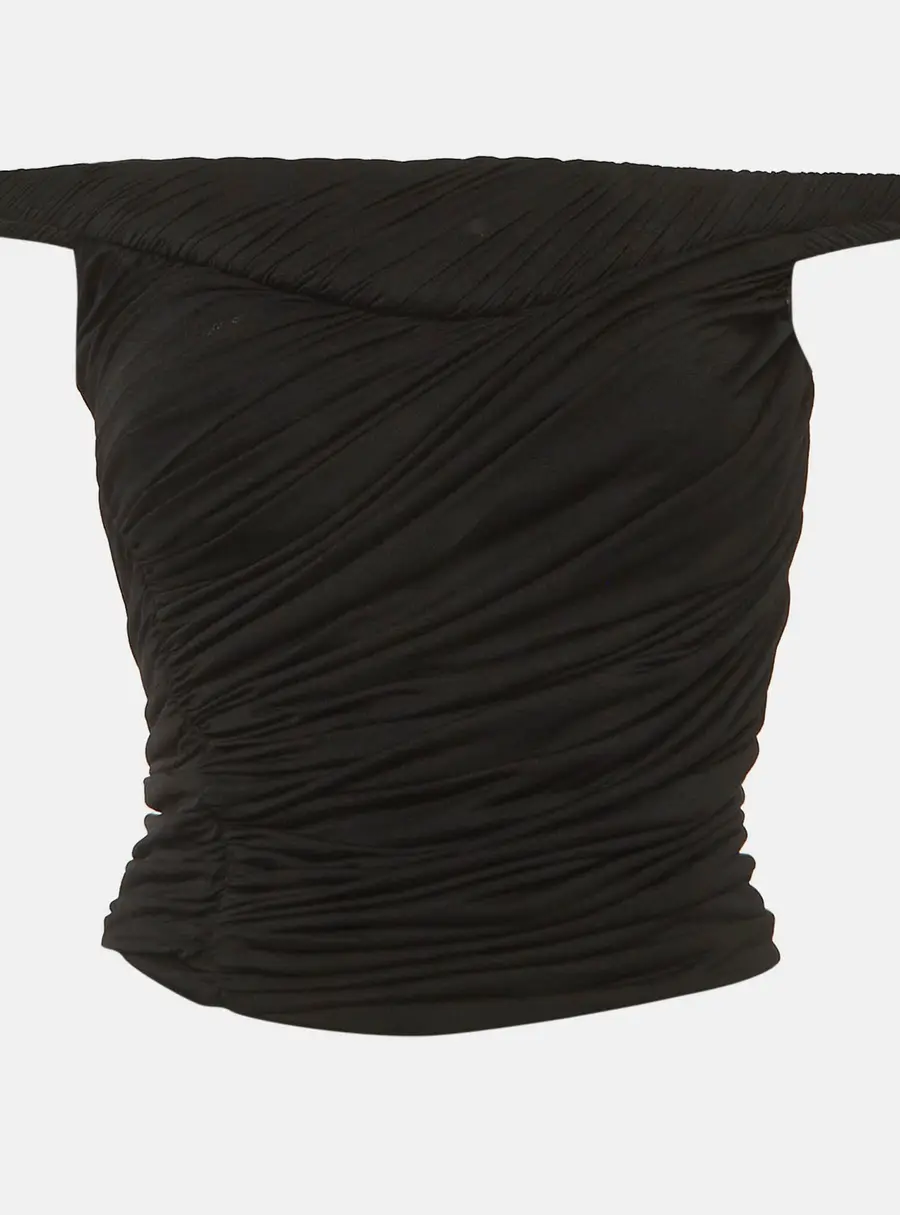 Chats By C.Dam Black Stretch Crepe Ruched Off Shoulder Top S