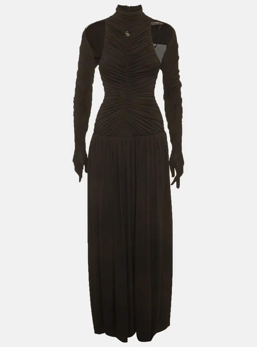 Chats by C. Dam Black Crepe Knit Ruched High Neck Maxi Dress S