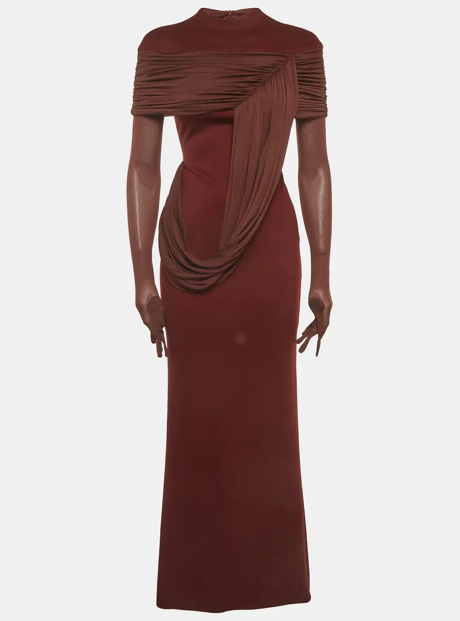 Chats By C.Dam Burgundy Stretch Crepe and Knit Draped Meydan Maxi Dress S