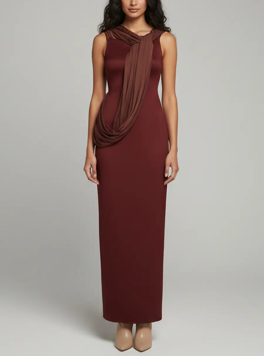 Chats By C.Dam Burgundy Jersey and Chiffon Draped High Slit Maxi Dress S