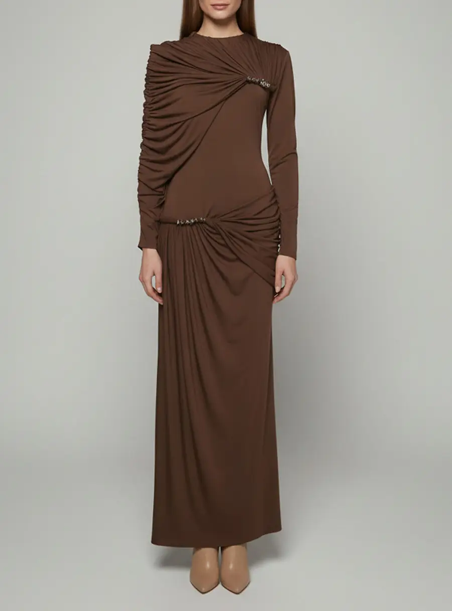 Chats By C.Dam Brown Knit Long Sleeve Draped Maxi Dress S