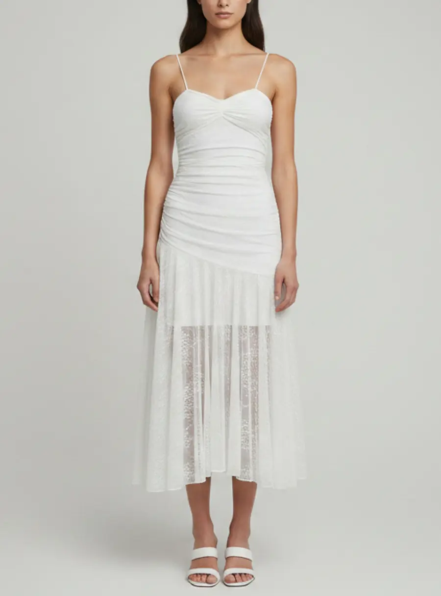 Cherie Attire White Draped Adela Lace Midi Dress XS
