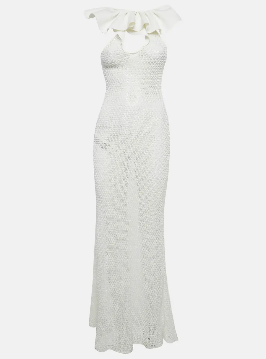 Chio White Stretch Crochet Ruffled Sheer Maxi Dress S