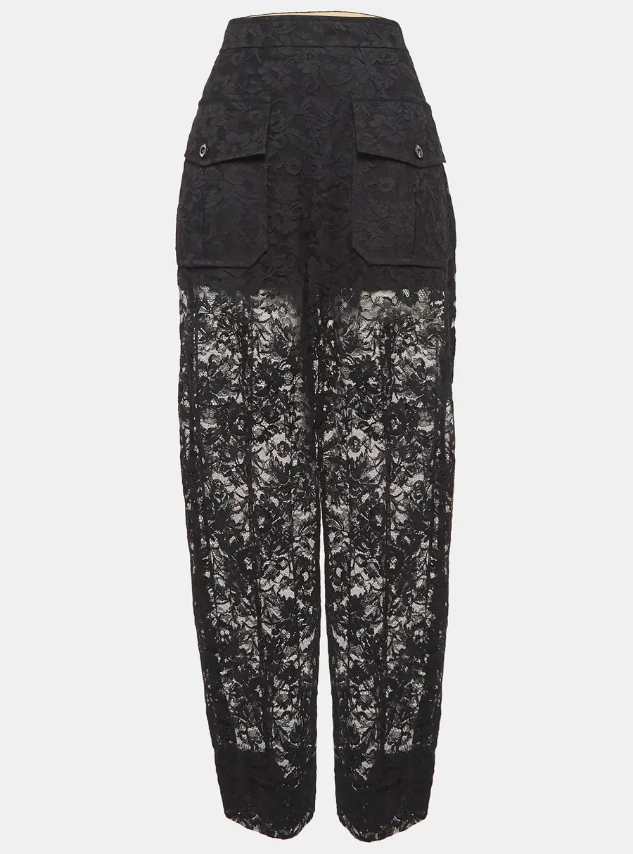 Chloe Black Floral Pattern Lace Sheer Trousers L