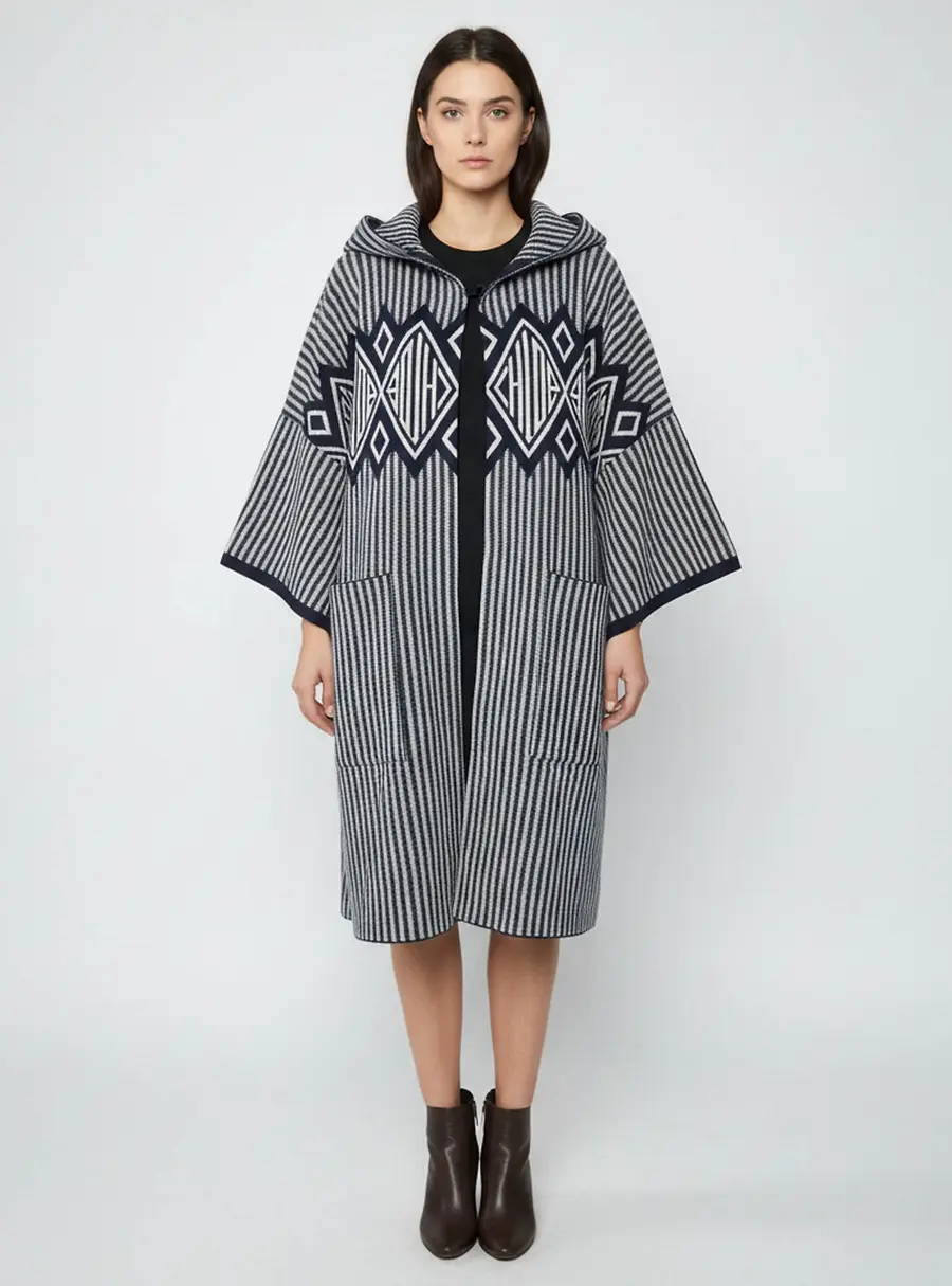 Chloé Navy Blue Striped Logo-Intarsia Wool Blend Hooded Cardigan M