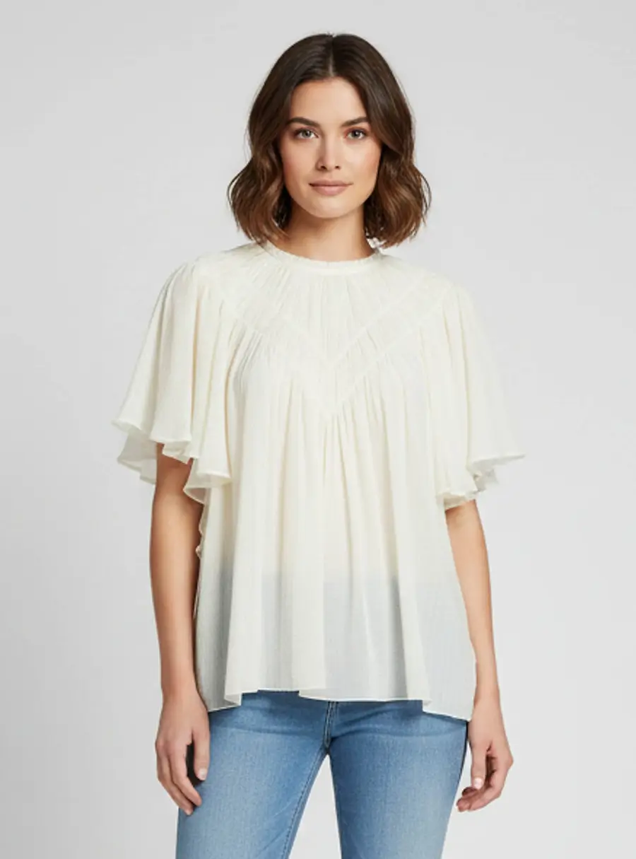 Chloé Off White Gathered Yoke Wool Gauze Ruffled Blouse L