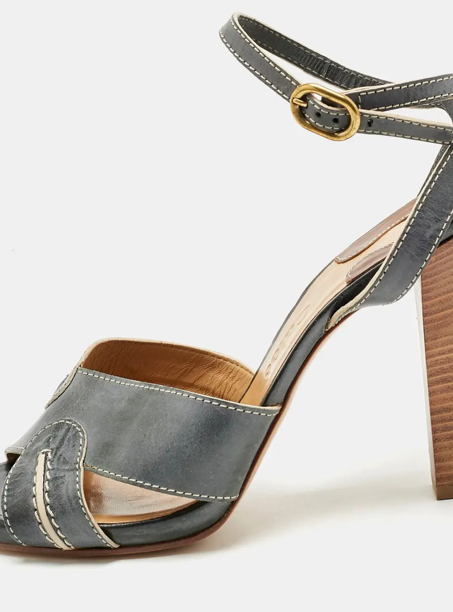 Chloe Grey/Beige Leather Ankle Strap Sandals Size 40