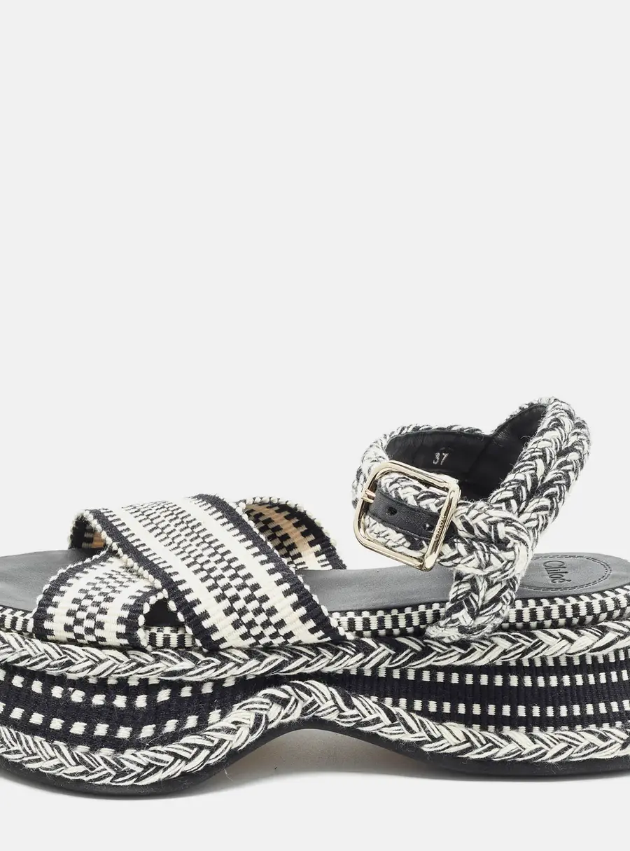 Chloe Meril Size 37 White/Black Knit Fabric Ankle Strap Sandals