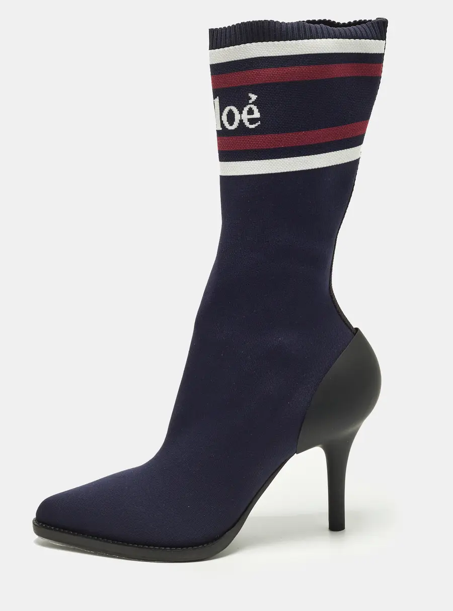 Chloe Tracey Size 40 Navy Blue Knit Fabric and Rubber Sucks Boots