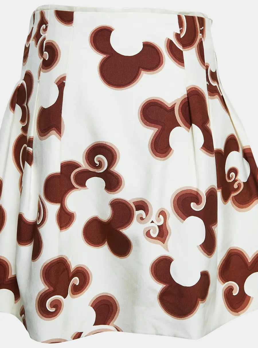 Chloe Brown Doodle Print Silk Pleated Mini Skirt S