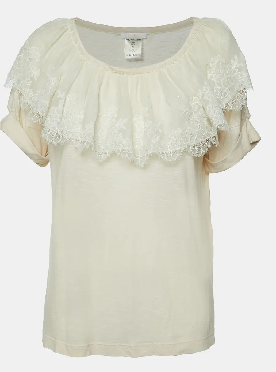 Chloe Ecru Cream Knit Lace Trimmed Top XS
